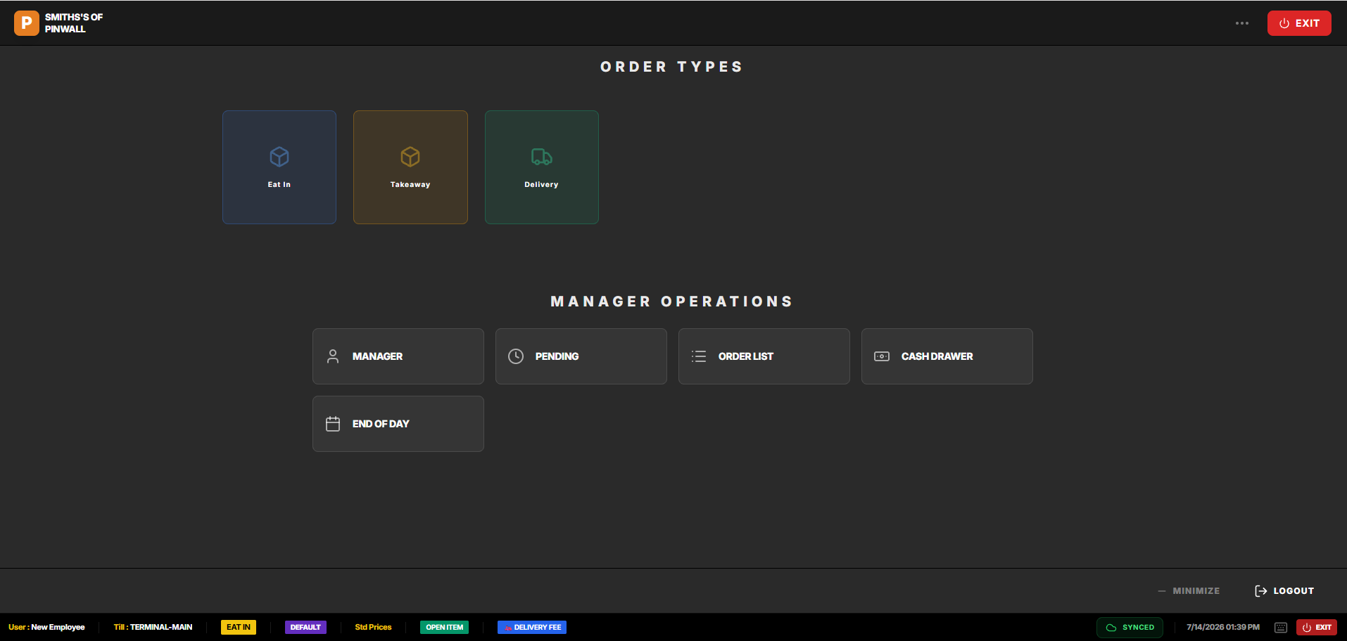 Posso EPOS till order-types screen with Eat In, Takeaway and Delivery plus manager operations