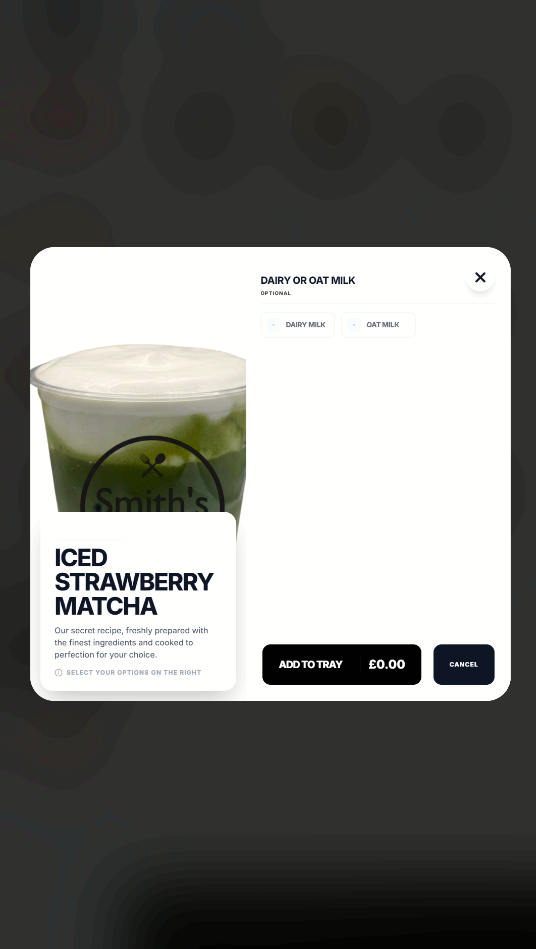 Customising an iced latte with syrup and milk options on a Posso self-order kiosk