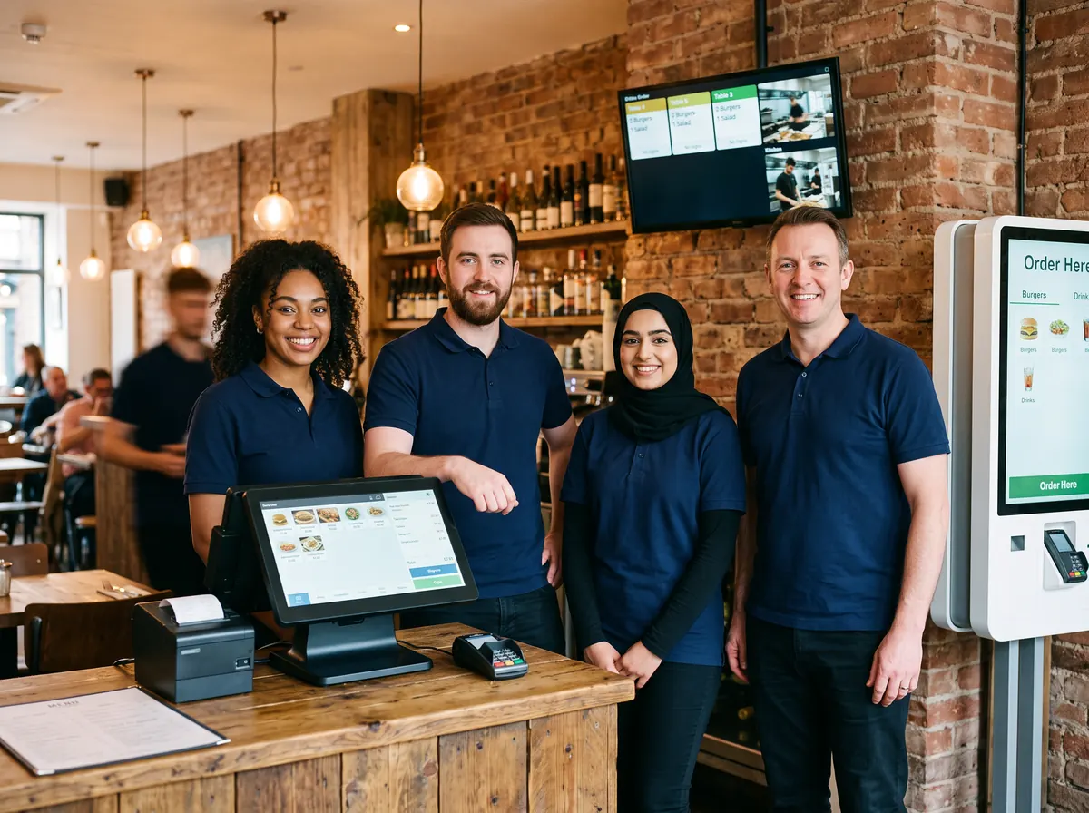 Posso restaurant EPOS system team, UK Posso restaurant EPOS system team beside a touchscreen till, card machine, kitchen display screen and self-order kiosk in a UK restaurant